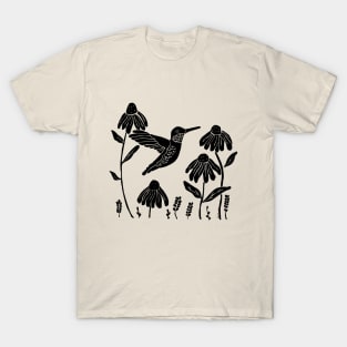 Linocut hummingbird and flowers T-Shirt